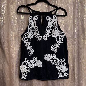 INC International Concepts Black White Lace Halter Blouse Large Petite NWT